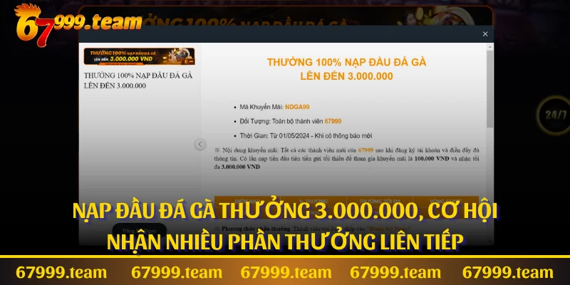 Nạp đầu đá gà thưởng 3000000, cơ hội nhận nhiều phần thưởng liên tiếp